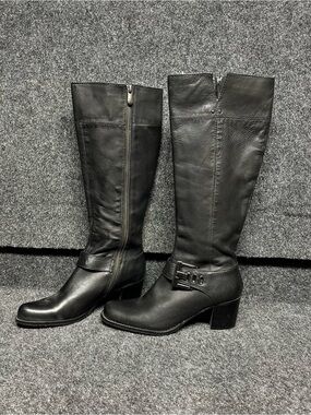Black leather tall riding boots buckle block heel sexy old money equestrian